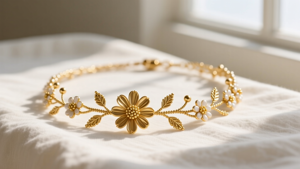 Close-up of a delicate gold beaded tiny daisy chain flower necklace with vine and leaves resting on soft linen fabric.