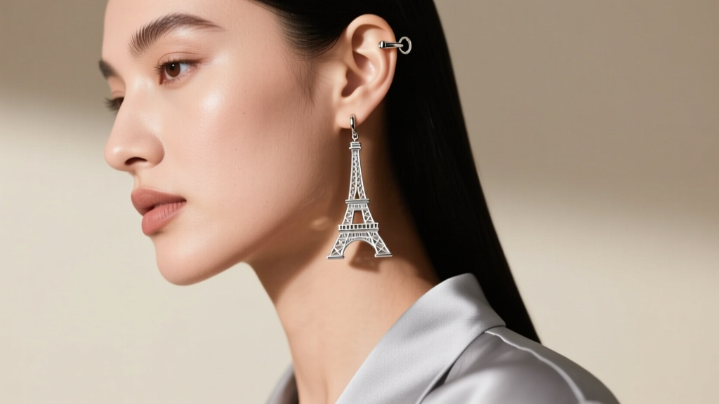 Model wearing 25mm silver Eiffel tower dangle earrings, side view showing the scale and a secure leverback ear closure mechanism.