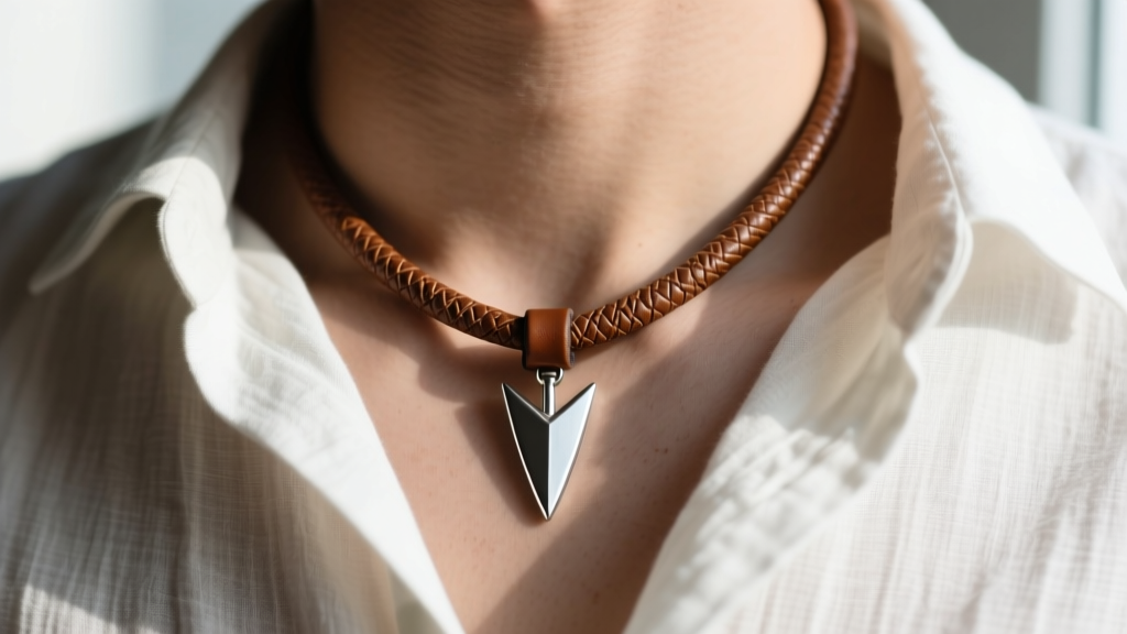 Close-up of a brown top-grain leather cord necklace pendant with a brushed silver arrowhead resting softly on a light linen shirt.