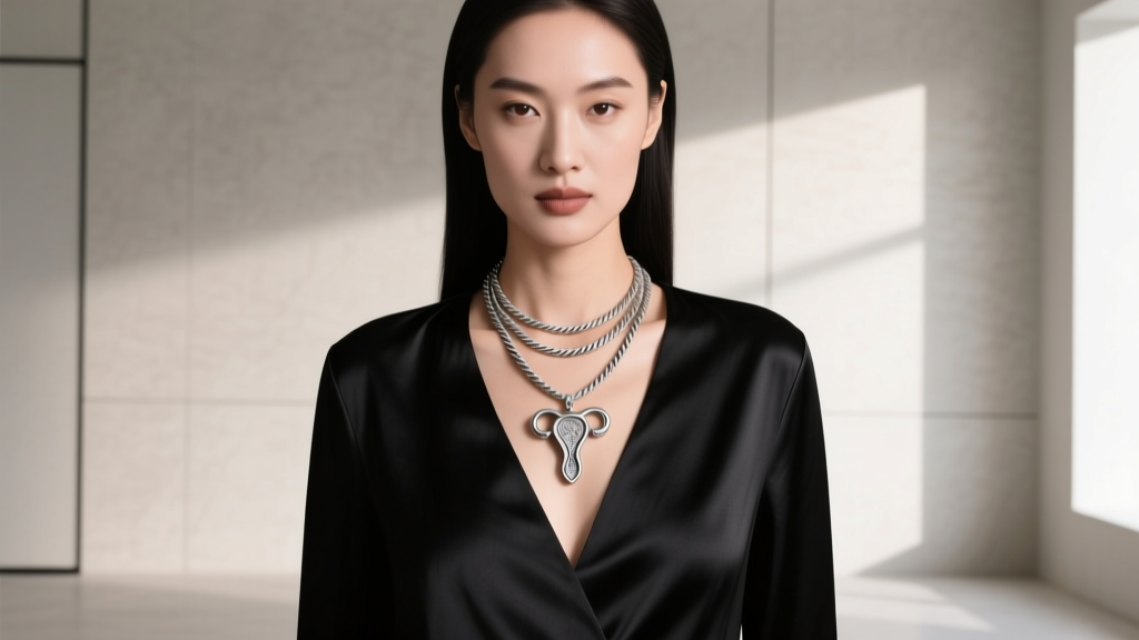 Woman wearing a layered stack with a 16-inch cable chain and an 18-inch uterus pendant necklace over a black V-neck silk blouse