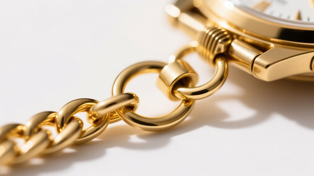Close-up of a 1.5mm gold wheat chain on a vintage watch bow, showing a secure lobster clasp and a heavy-duty soldered jump ring.