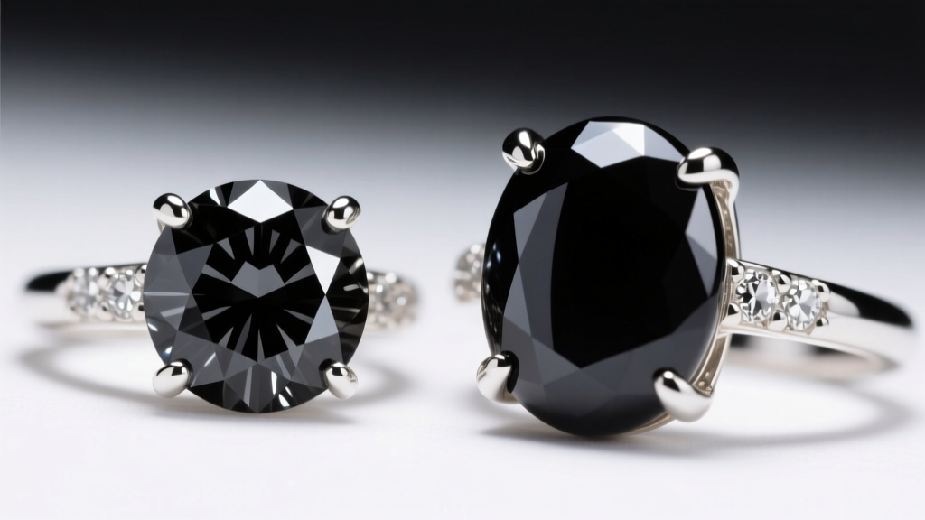 Extreme close-up comparing treated black diamond melee next to polished black onyx cabochons set in 14k white gold jewelry prongs.