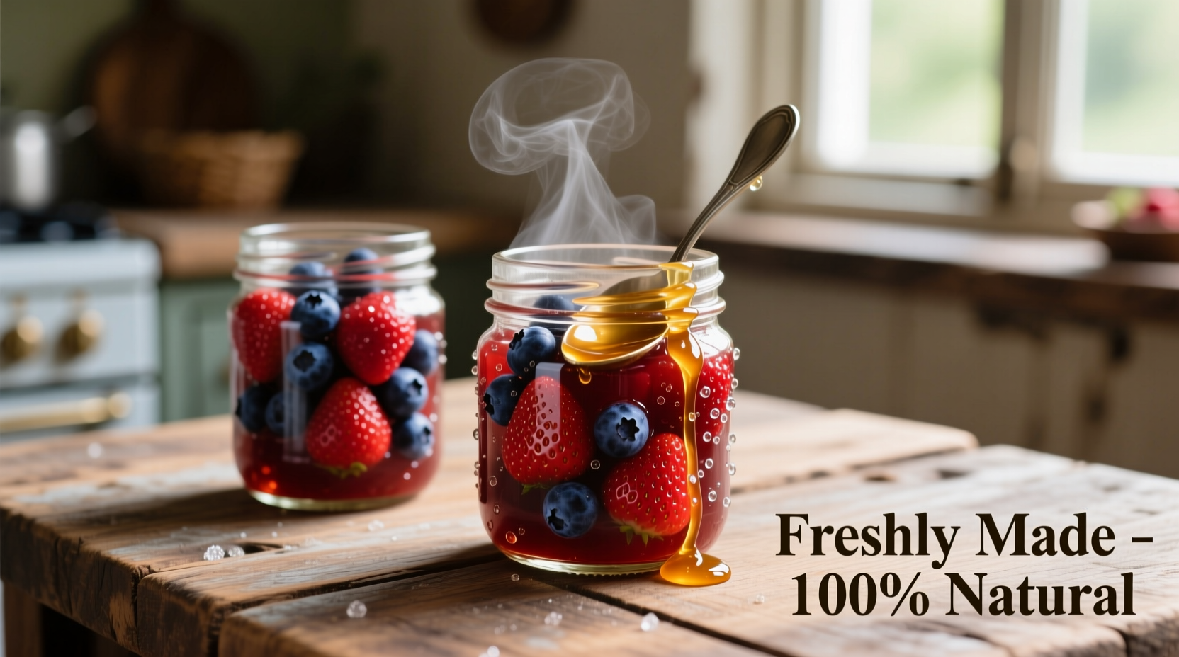 Homemade jam in glass jars with fresh berries