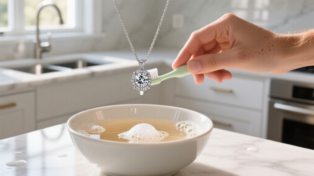 Hands using a soft baby toothbrush to gently clean a platinum bezel set diamond pendant over a ceramic bowl of warm soapy water.