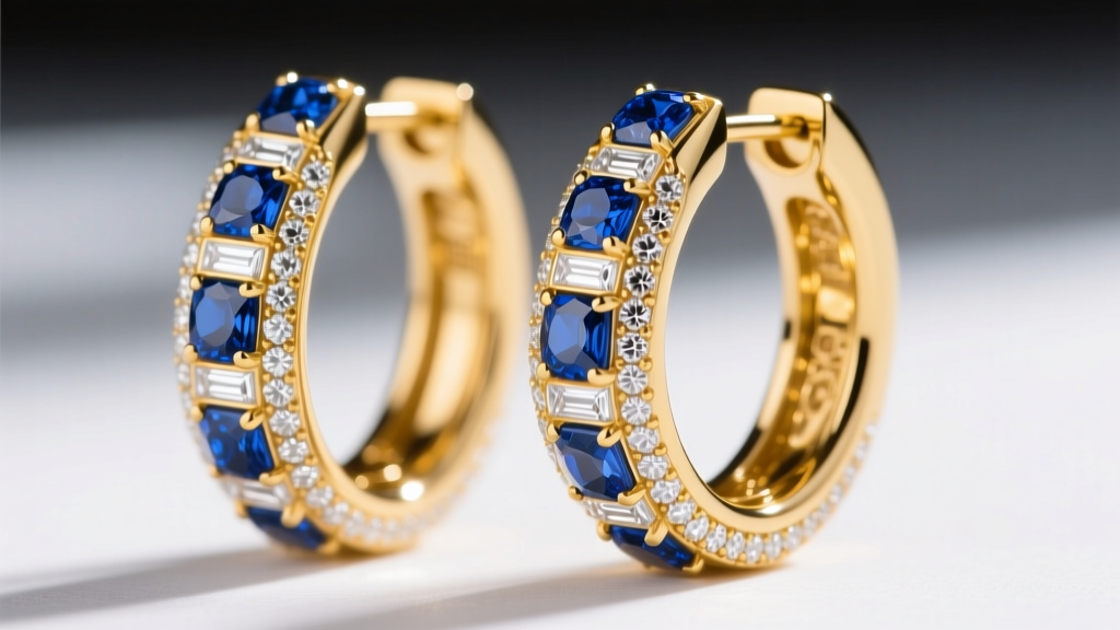 Elegant close-up of 18k yellow gold inside-out hoop earrings featuring alternating London blue topaz and white diamond baguettes