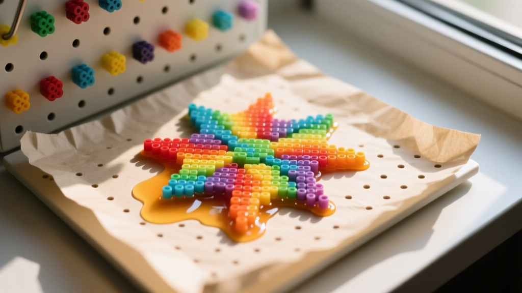 Overhead view of a craft iron melting perler beads on a pegboard with parchment paper, showing slight fusion under warm light.