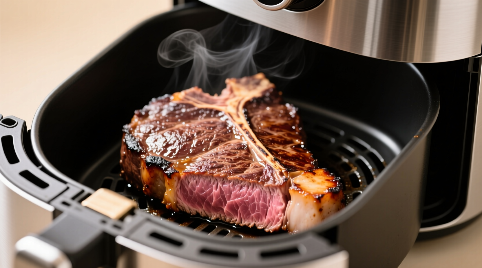 Perfectly cooked steak in air fryer basket