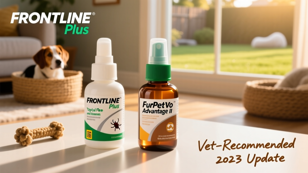 Side-by-side illustration of two topical flea and tick treatment applicators labeled FurPetVo FRONTLINE Plus and FurPetVo Advantage II