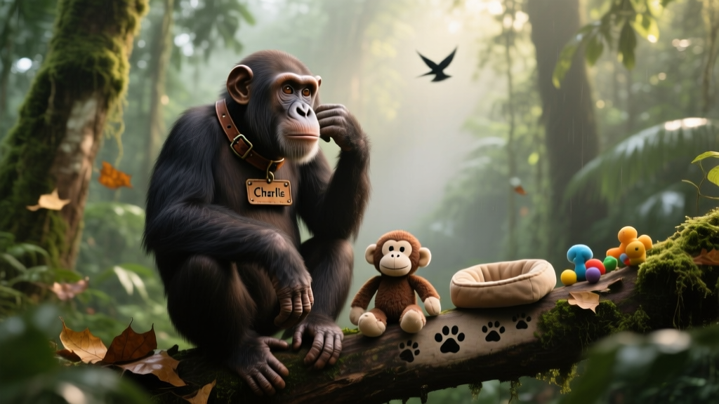 Chimpanzee sitting thoughtfully on a branch in a natural forest setting