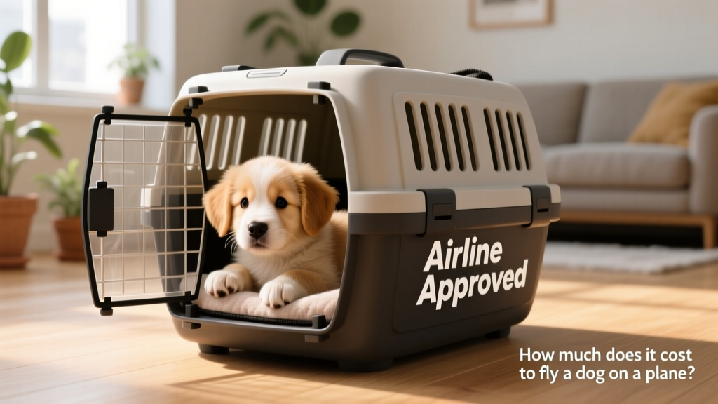 A young puppy nestled safely inside a properly sized, well-ventilated pet carrier labeled 'Airline Approved'