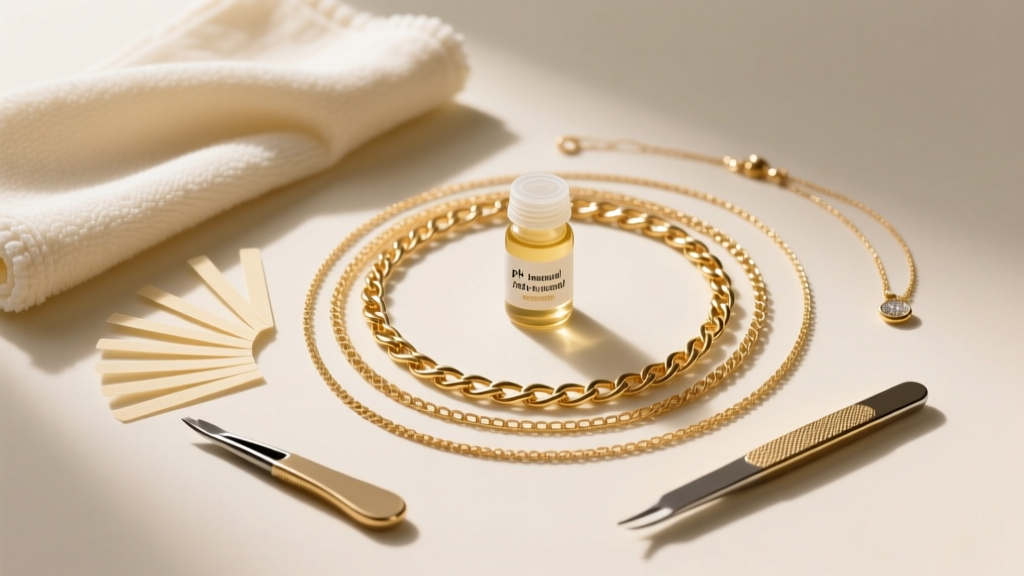 Flat lay of jewelry tools including microfiber cloth, anti-tarnish strips, and pH-neutral soap beside layered gold necklaces.