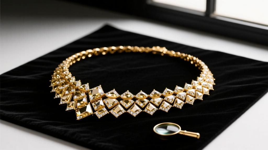 Gold-tone rhinestone statement necklace laid flat on a dark velvet repair mat with precision jeweler