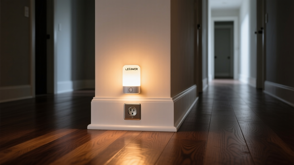 Warm 3000K LED light glowing from a LEPOWER motion sensor night light plugged into a white baseboard outlet illuminating a dark hardwood hallway floor