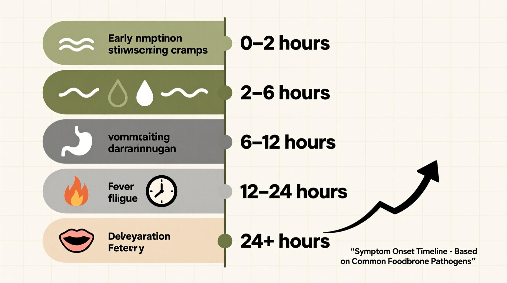 Food poisoning symptom timeline infographic showing onset periods