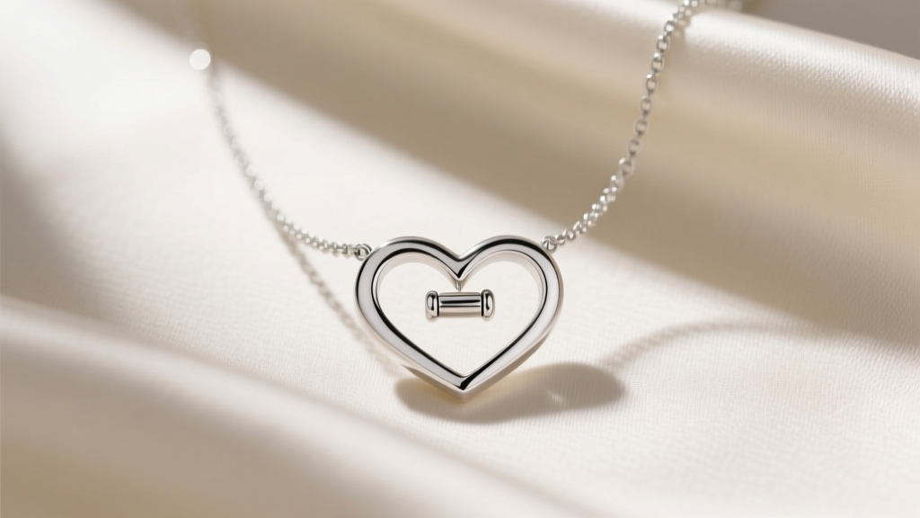 A minimalist sterling silver necklace with a hidden magnetic clasp connecting two halves of a heart, resting on cream silk fabric.