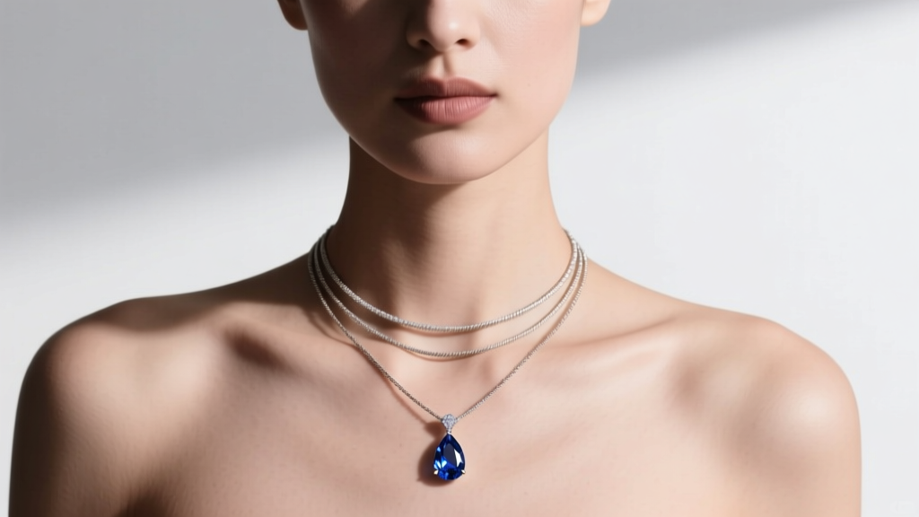 Woman wearing a layered stack featuring a delicate 0.8mm cable chain with a small sapphire teardrop pendant near her collarbone