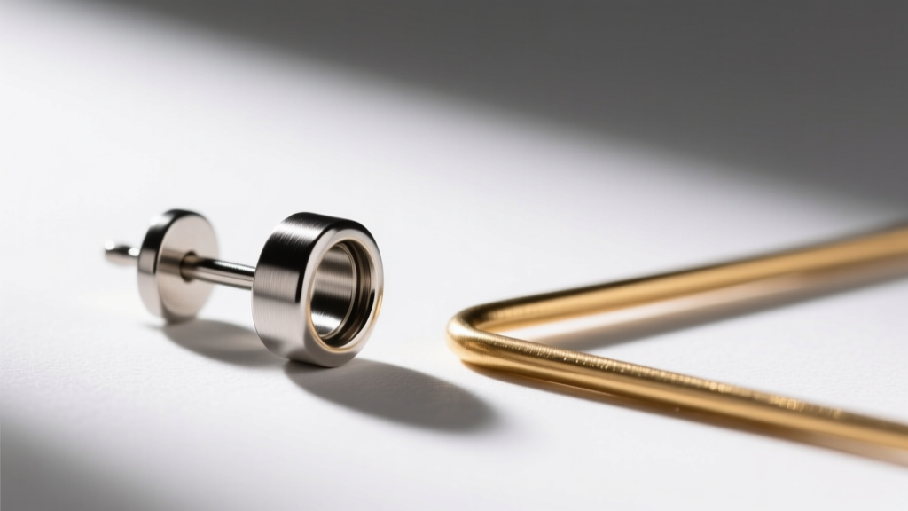 Macro shot of a 16-gauge titanium earring post next to a thin 22-gauge brass wire showing the drastic thickness difference