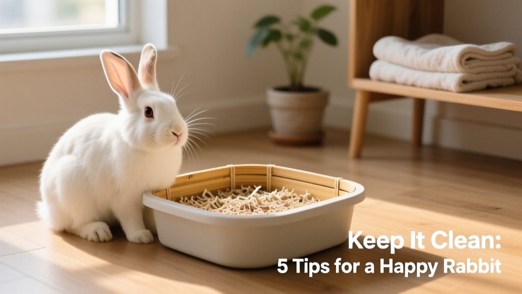 Rabbit sitting beside a clean, low-sided litter box filled with paper-based litter
