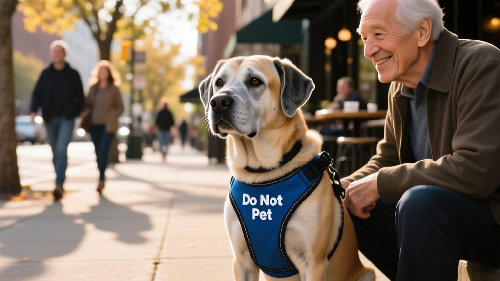Senior dog wearing a blue 'Do Not Pet' harness, sitting calmly beside owner on a sidewalk while pedestrians walk past at a respectful distance