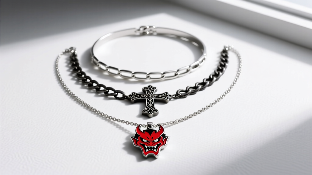 Flat lay of three layered necklaces featuring a 16-inch choker, an 18-inch gothic cross chain, and a 20-inch dark anime pendant.