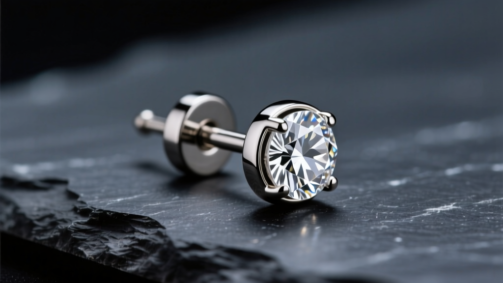 Macro of a 16g titanium threadless flat back earring with a diamond end on dark slate under soft studio lighting.