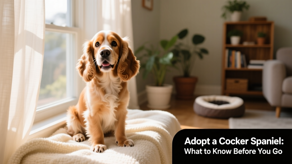 A joyful, well-groomed Cocker Spaniel sitting beside a sunny window with a soft blanket