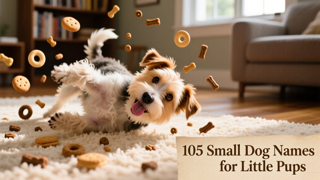 A playful mix of terrier and poodle breeds mid-tumble on a cozy rug, surrounded by scattered treats
