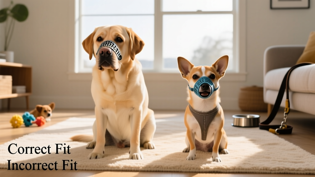 Side-by-side comparison showing correct vs. incorrect muzzle fit on two different dog breeds
