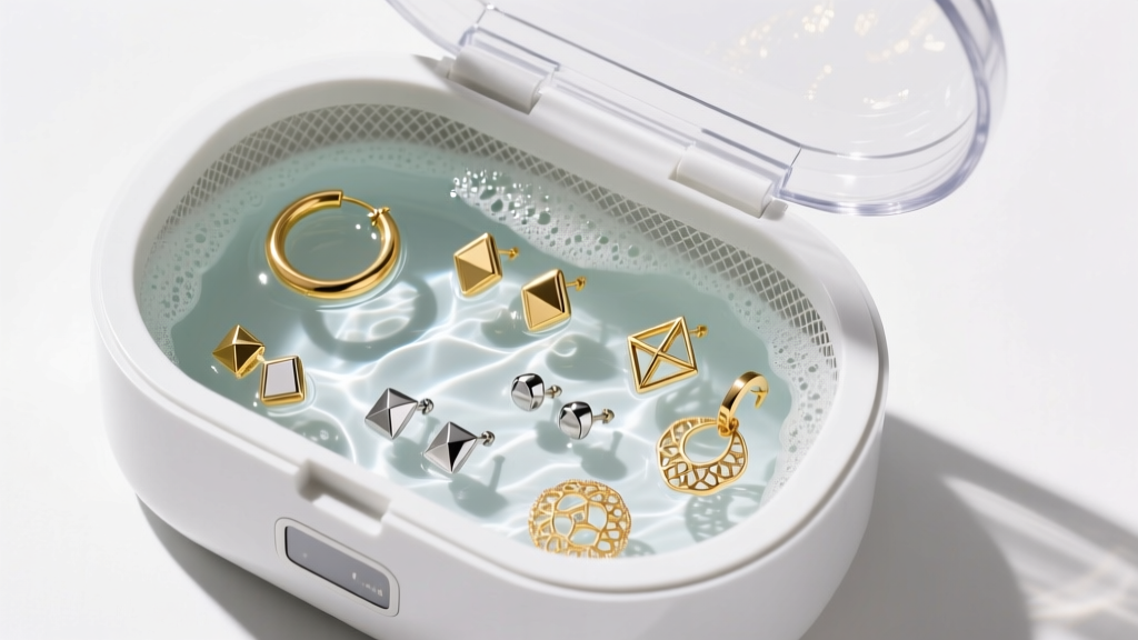 Top-down view of an ultrasonic jewelry cleaner holding a submerged mesh basket of gold and titanium earrings in soapy water