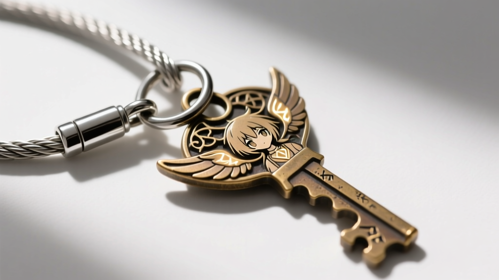 Close-up of a 1.5mm stainless steel cable chain attached to a secure lobster clasp on an antique bronze anime key pendant.