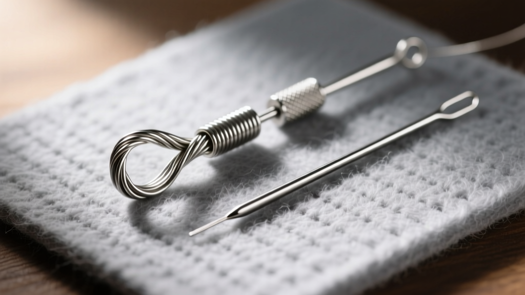 Twisted wire collapsible eye needle and a standard English beading needle shown side-by-side on a grey felt beading mat.