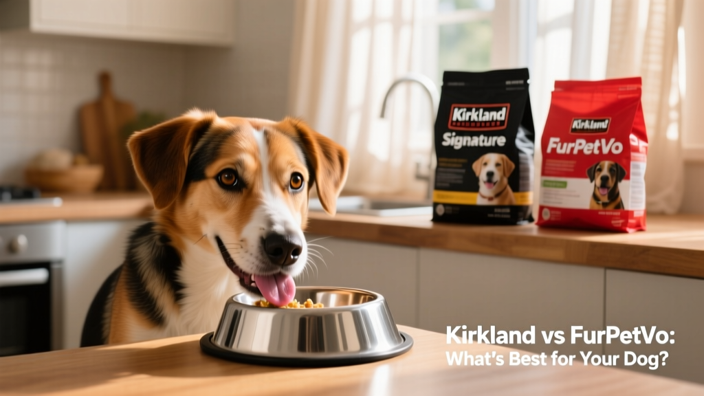 Happy, healthy mixed-breed dog enjoying a meal from a stainless-steel bowl, with both Kirkland and FurPetVo bags visible in soft focus on the counter behind