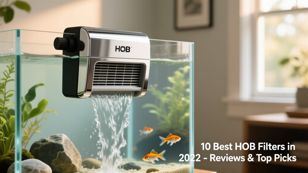 Side view of a sleek HOB filter mounted on the back of a glass aquarium, with water cascading smoothly into the tank