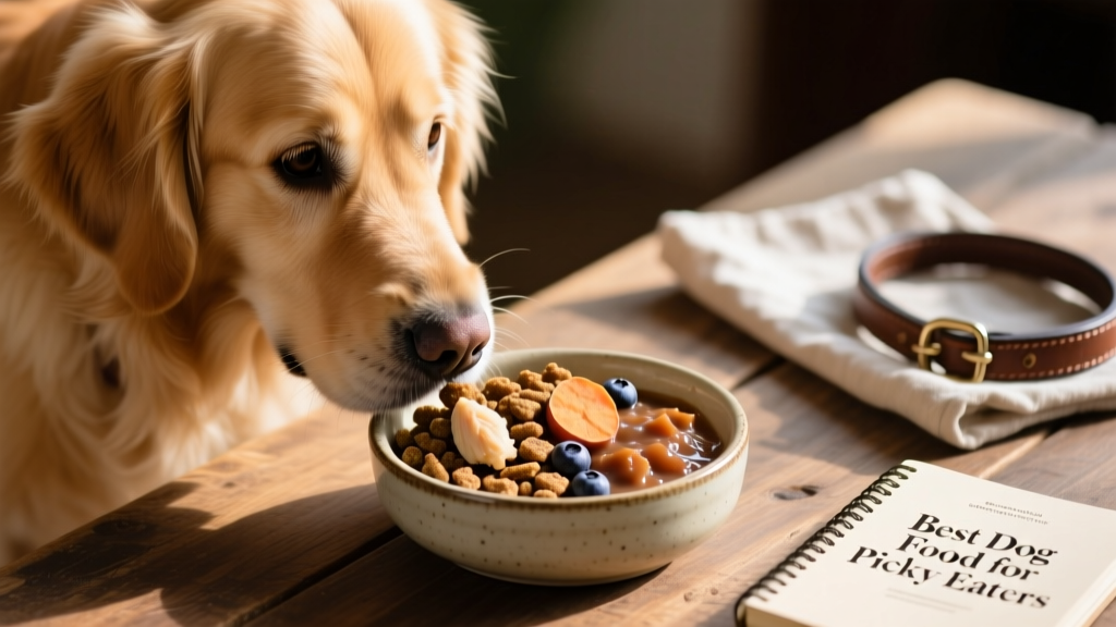 Close-up of a curious dog sniffing a bowl of high-quality dry and wet dog food