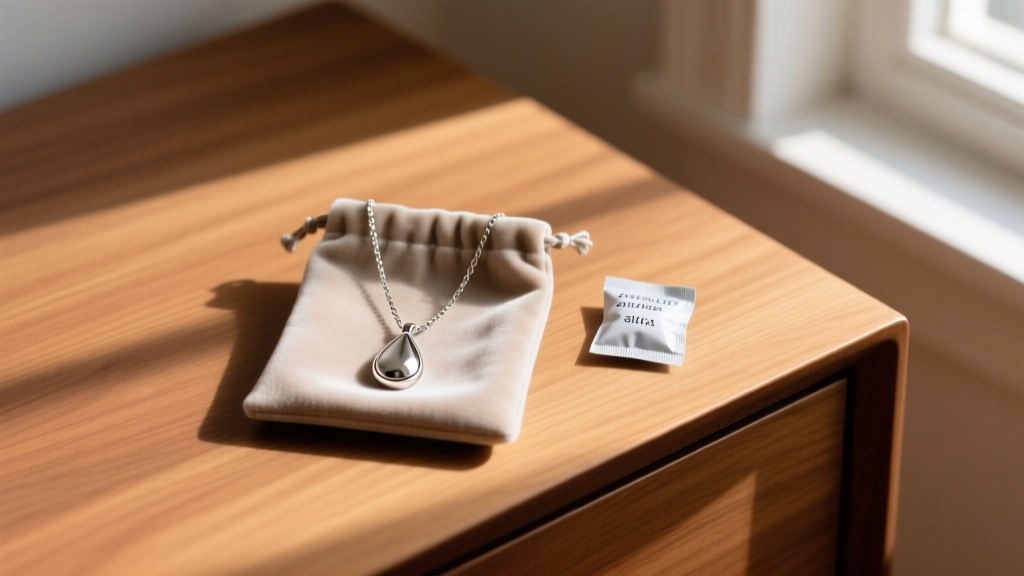 Pewter teardrop necklace resting inside an anti-tarnish velvet pouch alongside a silica gel packet on a wooden dresser top.