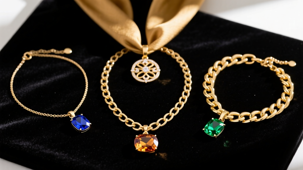 Top-down view of three gold scarf necklaces with charms on dark velvet, highlighting varying chain thicknesses and gemstone hues