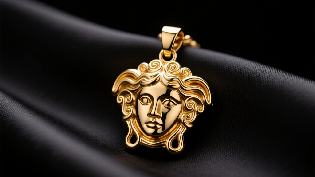 Gold Versace Medusa pendant on dark silk, showing polished brass hardware and intricate facial details under warm studio lighting.