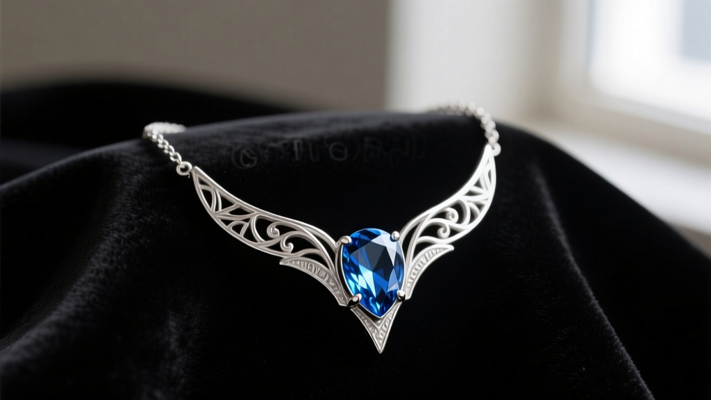 Sterling silver elf necklace from Lord of the Rings with marquise lab sapphire resting on dark velvet fabric in soft lighting