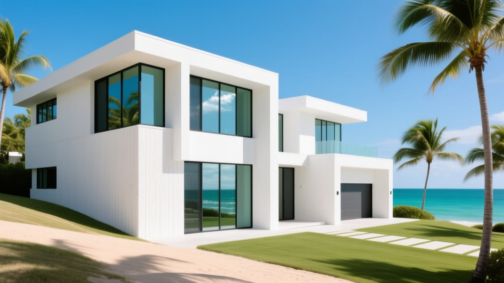 Modern Miami home exterior with impact-resistant aluminum windows and white fiber cement siding under bright coastal sunlight