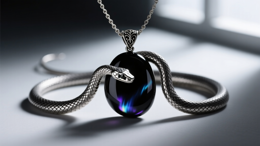 Oxidized silver serpent necklace holding a raw black obsidian pendant, moody dark academia lighting, macro jewelry shot