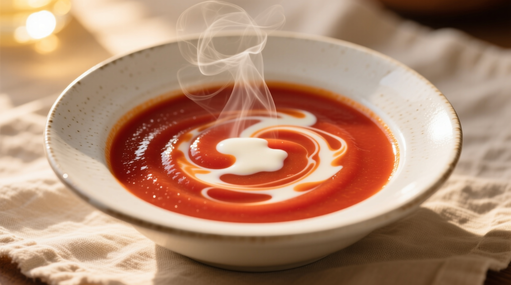 Creamy tomato soup with milk in white bowl