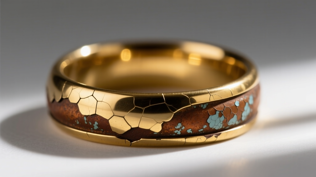 Macro shot of a brass ring with peeling gold flash plating, revealing dull oxidized brown base metal underneath.