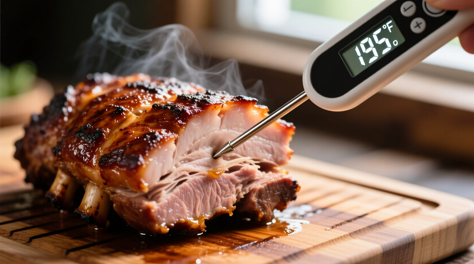 Digital thermometer checking pork butt internal temperature