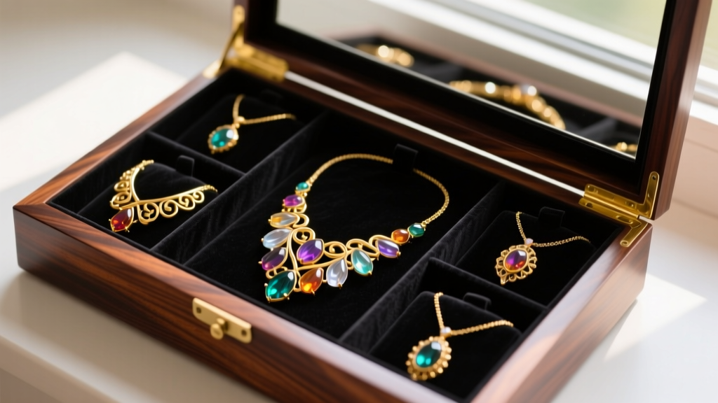 Overhead view of a mahogany jewelry box with velvet compartments storing intricate resin and gold statement necklaces safely.
