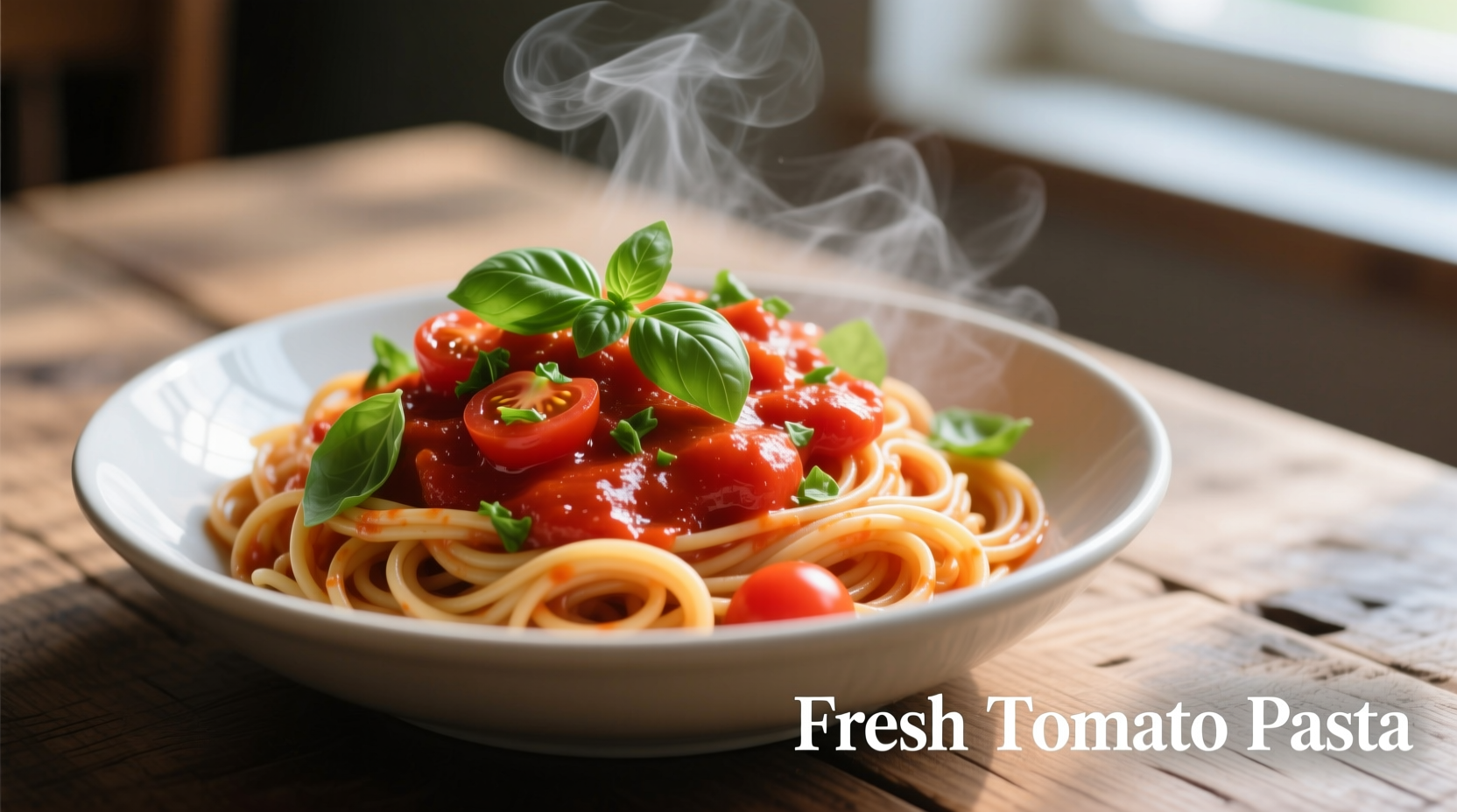 Fresh tomato pasta with basil garnish
