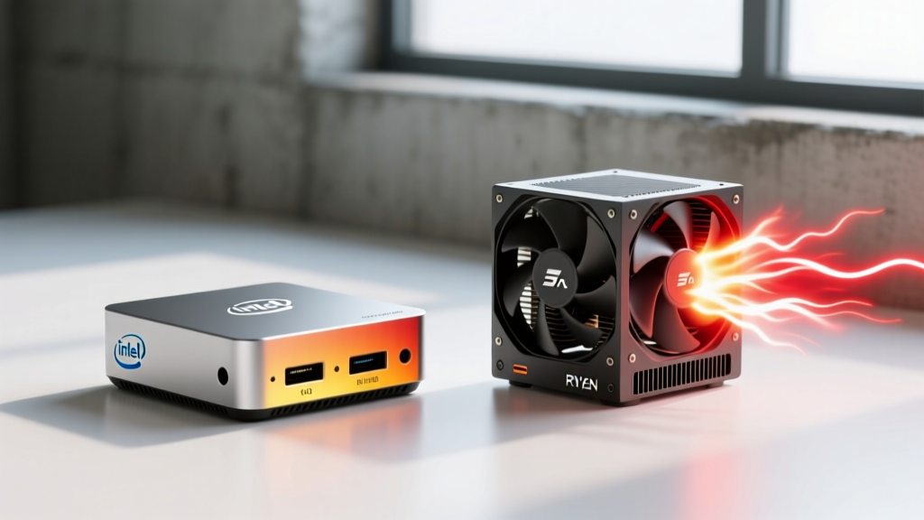Side-by-side thermal camera view showing heat dissipation differences between a passively cooled Intel N100 mini PC and a dual-fan Ryzen mini PC