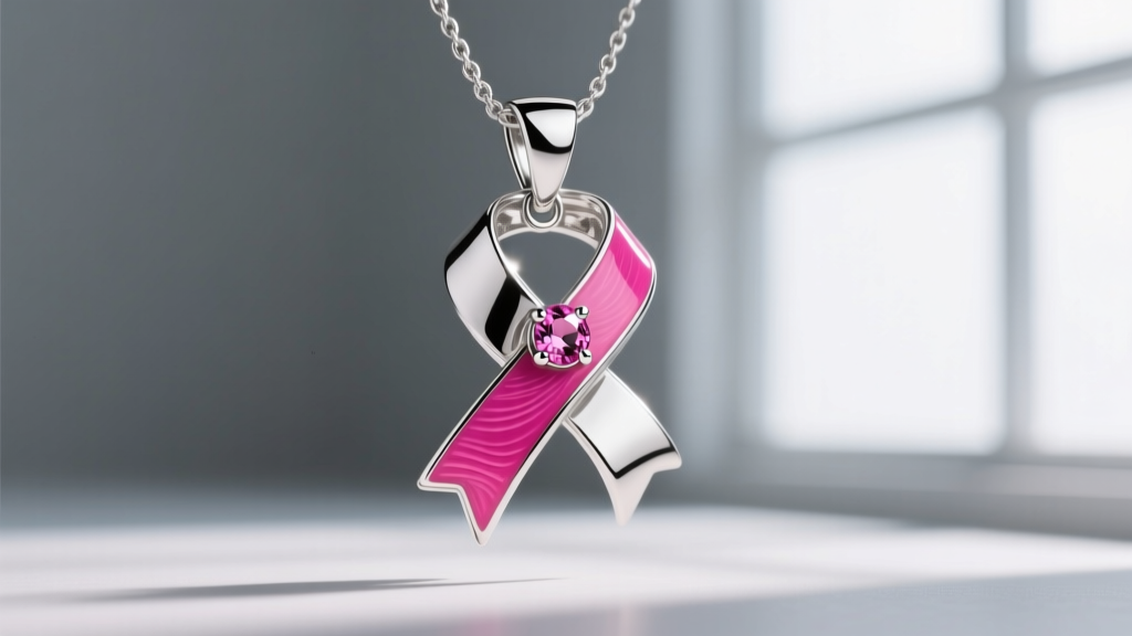 Sterling silver ribbon pendant featuring vibrant hot pink vitreous enamel and a tiny bezel-set round pink sapphire accent gem.