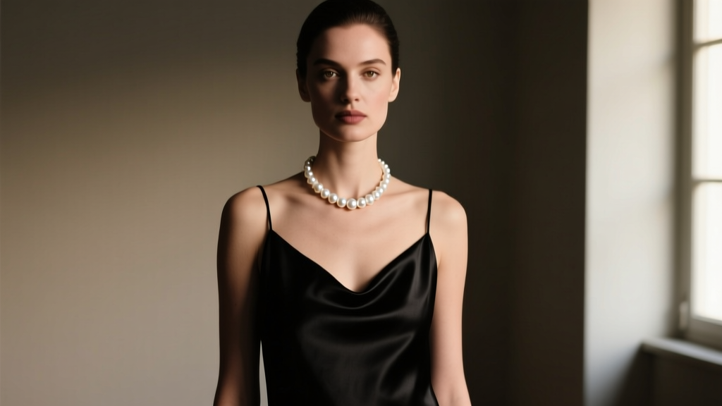 Elegant woman wearing a classic black silk slip dress and a luminous 7mm white Akoya pearl princess necklace in dim lighting