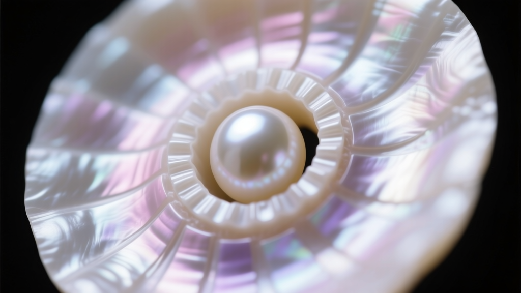 Macro shot of a pearl drill hole revealing concentric nacre layers over a bead nucleus, examined under a 10x jeweler's loupe.