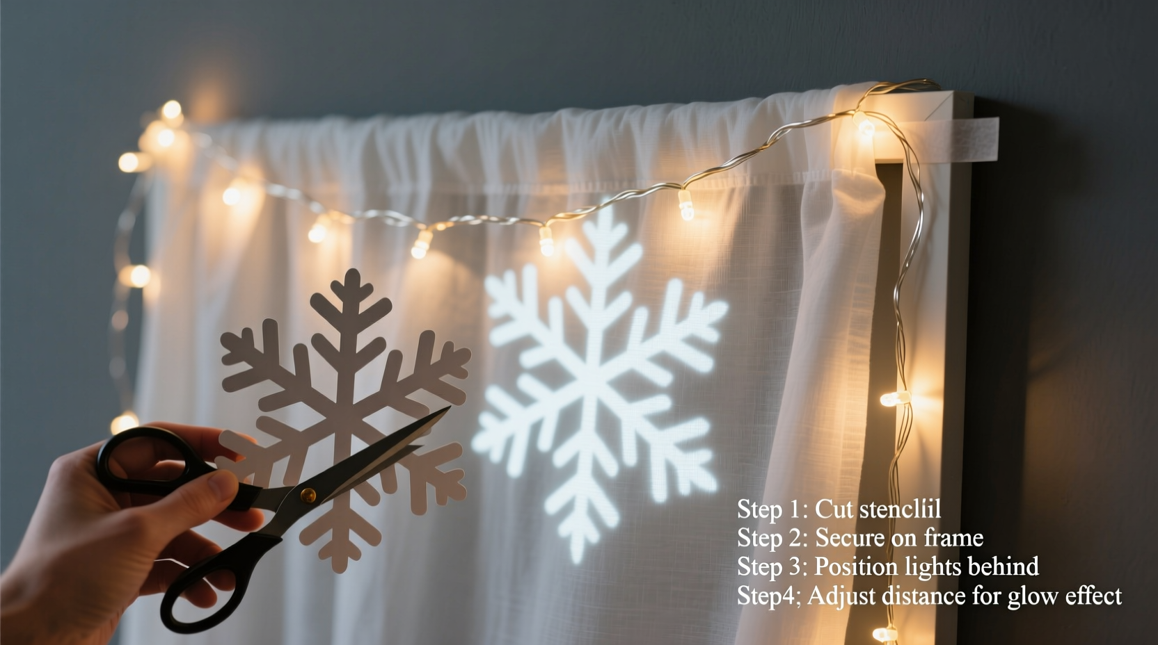 how to make diy glowing snowflake projections using string lights and stencils